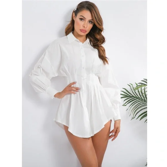 White Waist Fitted Drop Shoulder Buttoned Shirt - Picture 7 of 17